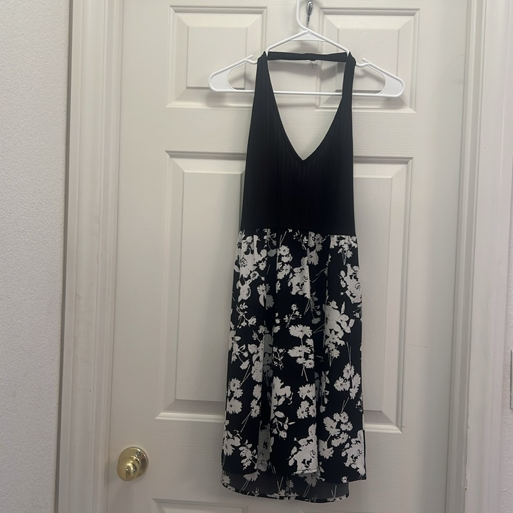 Black and White Floral Halter Dress